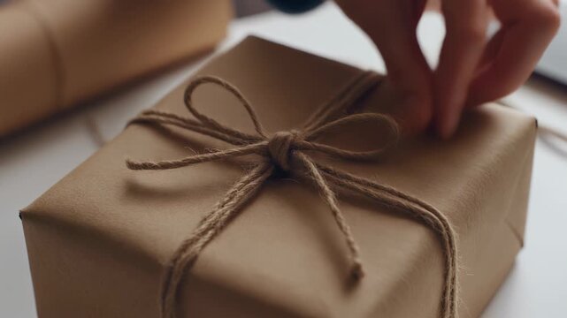 Hand adjusting a brown paper package tied with twine.