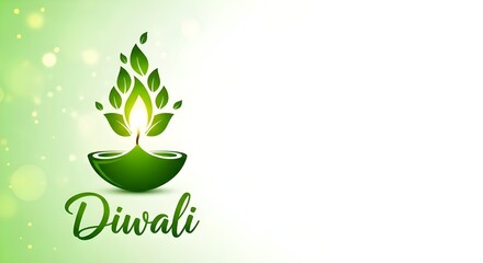 Green ecofriendly diya lamp design with leaves representing flame for diwali festival celebration on light green bokeh background with copy space