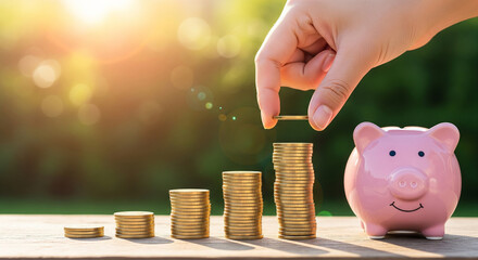 Hand Stacking Coins next to a Piggy Bank on a Wooden Table perfect for Representing Financial Saving, Growth, and Future Investment Plan