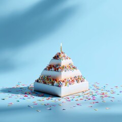Minimalist pyramid-shaped birthday cake covered in colorful sprinkles on bright blue background with single candle, playful modern celebration concept for party visuals, invitations, and festive desig