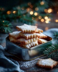 Festive Christmas butter cookies stacked in a metal tin with powdered sugar, pine branches, soft bokeh lights, and cozy holiday atmosphere, ideal for seasonal food photography and winter celebrations