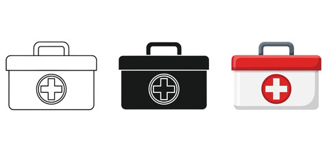 First aid kits in Three styles vector set line art, silhouette and color version
