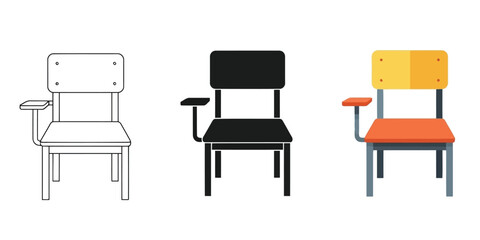 Student desk chair In Three styles vector set line art, silhouette and color version