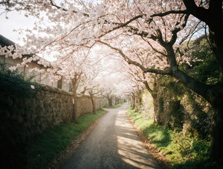 Fototapeta premium Perspective view of a country lane leading under a romantic archway of pink cherry blossoms on a sunny spring day