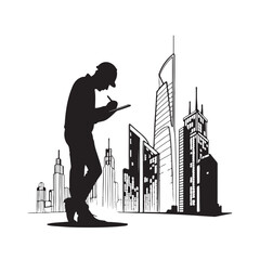 Silhouette of architect in hard hat writing on clipboard with city skyline background vector