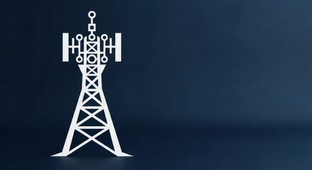 White telecommunication tower on dark blue background. Cell tower for mobile network signal broadcast. Wireless technology, digital connectivity concept.