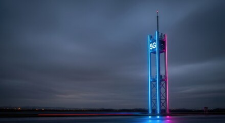 5G cellular communication tower stands illuminated with neon lights and text. Fast speed digital data transmission concept. Global network.