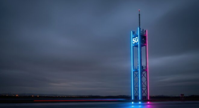 5G cellular communication tower stands illuminated with neon lights and text. Fast speed digital data transmission concept. Global network. - Powered by Adobe