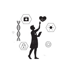 Silhouette of doctor interacting with medical icons D N A heart pulse lock and molecule doctor silhouette