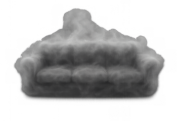 Sofa shape made of smoke appearing on a transparent background, representing abstract concepts of impermanence and dreams
