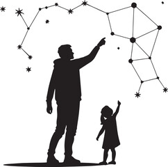 Silhouette of father and child pointing at constellations in the night sky Keywords: silhouette, father, child, daughter, pointing, stars, constellations, night sky, astronomy, learning, education