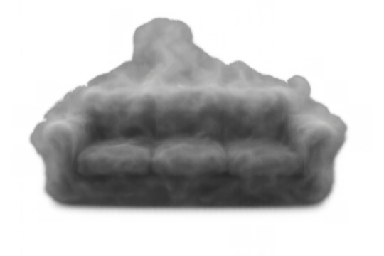 Sofa shape made of smoke appearing on a transparent background, representing abstract concepts of impermanence and dreams