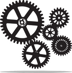 Silhouette of Interlocking Gears and Cogs on White Background Keywords: gears, cogs, machinery, mechanical, engineering, industry, technology, silhouette, black and white, industrial, design