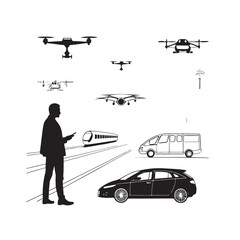 Silhouette of man with smartphone surrounded by various transportation drones train van and car quadcopter