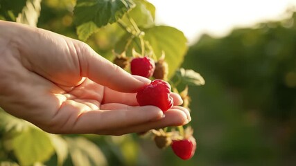 A hand gently picks ripe red raspberries from a bush under daylight. ai generated