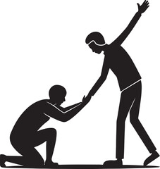 Silhouette of one person kneeling and reaching for another person's outstretched hand help support