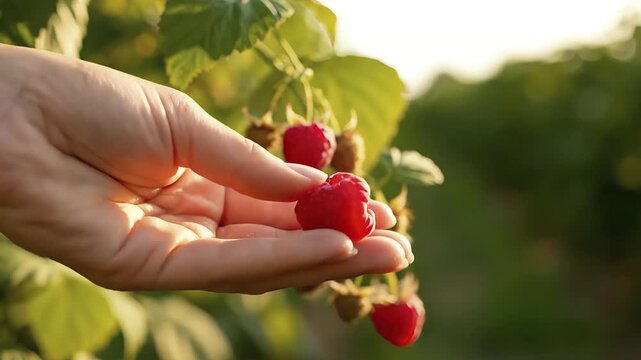 A hand gently picks ripe red raspberries from a bush under daylight. ai generated
