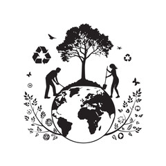 Silhouette of people planting tree on globe with recycling symbols and leaves earth planet