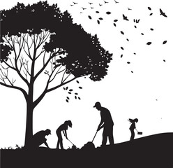 Silhouette of people planting trees with birds and falling leaves Keywords: silhouette, planting, trees, people, man, woman, child, shovel, gardening, nature, conservation, environment, growth