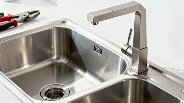 Medium shot of a sleek modern kitchen sink being installed with a higharc faucet showcasing contemporary plumbing fixture upgrades for enhanced style and water efficiency.