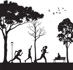Silhouette of people running and sitting in a park with trees and a lamppost Keywords: people, running, jogging, park, silhouette, trees, lamppost, bench, sitting, exercise, fitness, outdoors