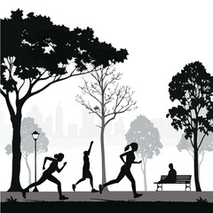 Silhouette of people running in a park with a city skyline in the background Keywords: people, running, jogging, park, silhouette, trees, lamppost, bench, sitting, exercise, fitness, outdoors