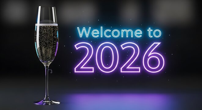 A champagne flute with welcome to 2026 neon sign behind it - Powered by Adobe