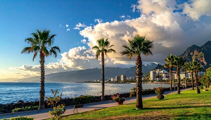 Picturesque Coastal Scene With Palm Trees Along Seafront Under Cloudy Sky in Early Morning