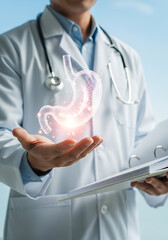 Doctor holding a glowing holographic human stomach, representing digestive health and medical care