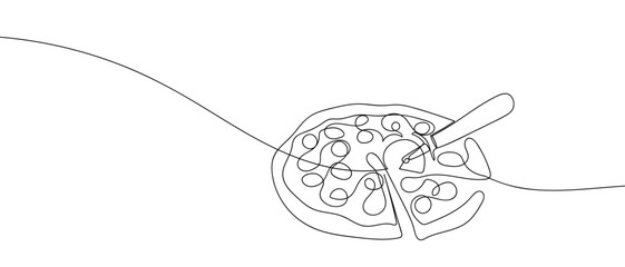 A pizza cutter is cutting a pizza in one continuous line. one line vector illustration Editable stroke.