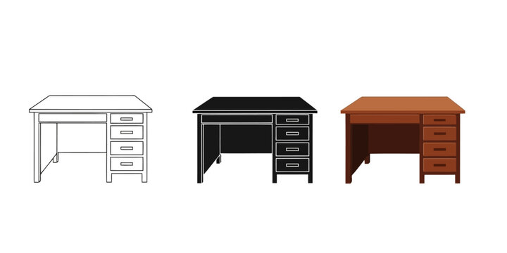 Desk In Three styles vector set line art, silhouette and color version showcasing different design styles and perspectives