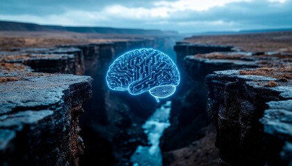 Mind over Matter: The mind's eye envisions the inner workings of thought.  A glowing brain hovers over a chasm between two vast terrains.