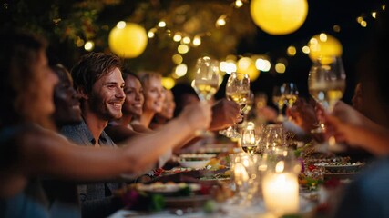 multiracial friends toasting at candlelit table with lanterns and string lights, joyful faces, raised wine glasses, communal feast, bokeh lights, warm candle