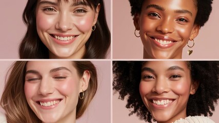 Close-up beauty portraits of diverse models, soft pink background, glossy makeup and dewy skin, studio lighting highlights radiant cheeks and natural textures,