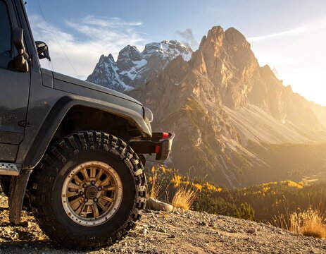 Off Road Vehicle Mountain Landscape Autumn Sunlight