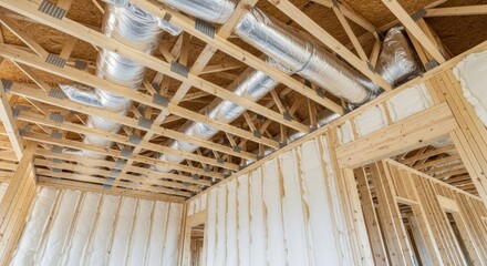 The unfinished interior of a new residential property with exposed timber framing, fiberglass insulation, and ventilation ducting installed within the open ceiling structure