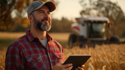 Farmer and his young son in golden autumn field with tablet, futuristic combine harvester in background
