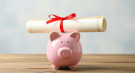 Piggy Bank and a Diploma Scroll on a Wooden Table representing Financial Investment in Education and Future Academic Success Concept