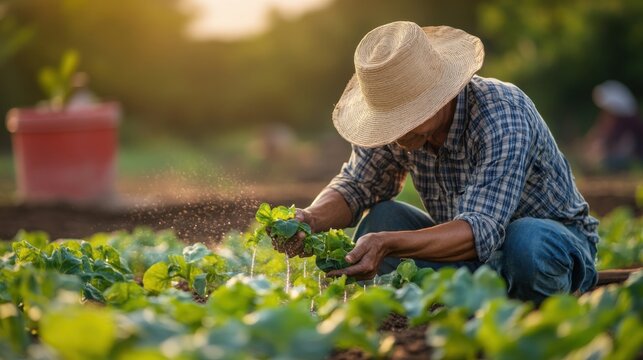 Farmer using drip irrigation on vegetable field representing sustainable agriculture water conservation eco farming practices and authentic rural environment resource management - Powered by Adobe
