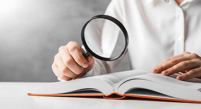 Person carefully examining text in an open book with a magnifying glass on a table
