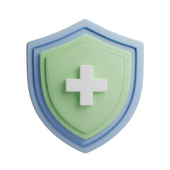 3d rendering of a light blue and green shield with a white medical cross isolated on transparent background