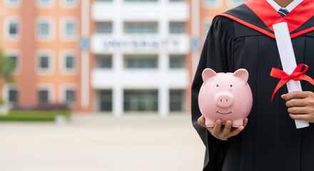 Graduate Holding a Piggy Bank and Diploma representing Financial Investment in Education and Future Career Success Concept Background