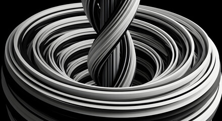 Abstract monochrome 3D background with twisted spiral column and concentric rings
