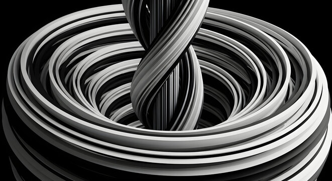 Abstract monochrome 3D background with twisted spiral column and concentric rings