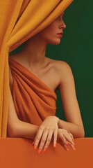 Soft directional lighting, natural movement, high-definition detail orange colored fashionable woman portrait