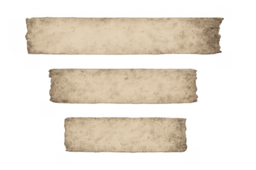 Aged paper parchment strips with rough edges and distressed texture, creating vintage blank labels on transparent background