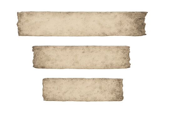 Aged paper parchment strips with rough edges and distressed texture, creating vintage blank labels on transparent background