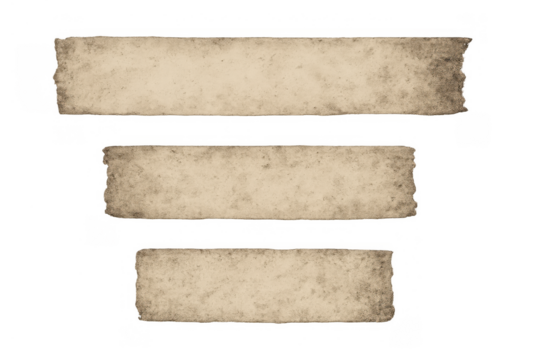 Aged paper parchment strips with rough edges and distressed texture, creating vintage blank labels on transparent background - Powered by Adobe