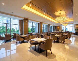Modern Restaurant Interior with Beige Chairs and Large Windows