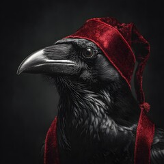 Dramatic Portrait of Raven Wearing Ornate Red Velvet Santa Hat Dark Background